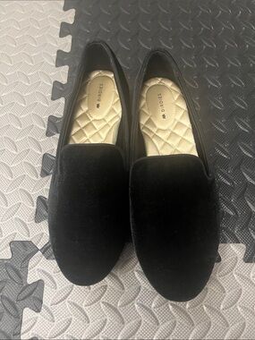 Birdies Black Velvet Loafers with Quilted Gold Insole